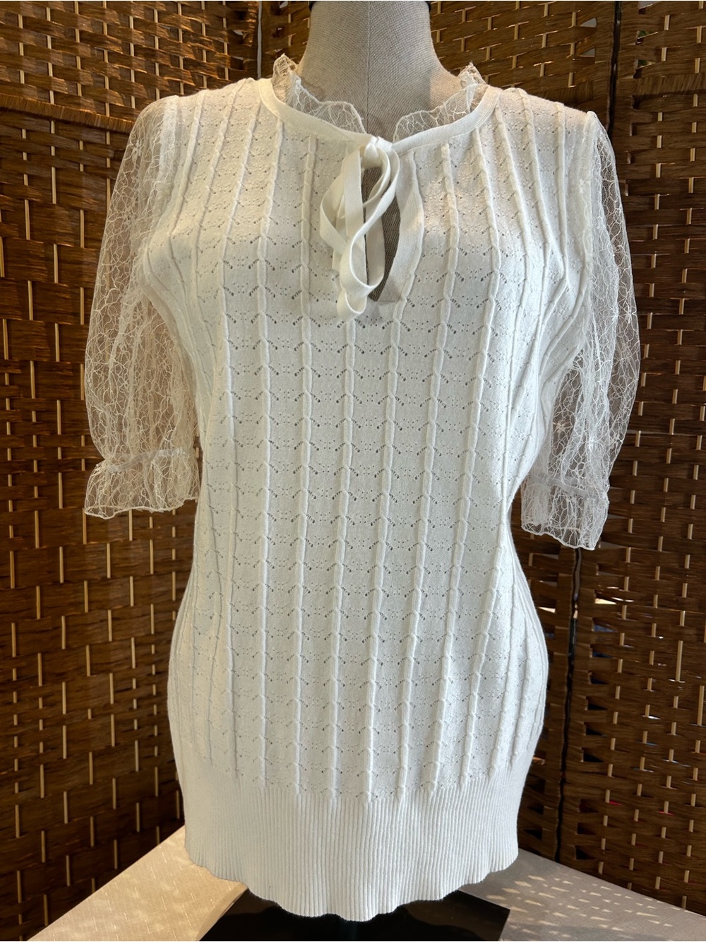 Ivory Lace Sleeve Pointelle Knit Top Romantic Cottagecore Balletcore L
